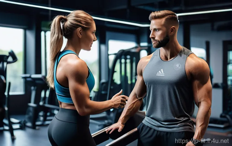 헬스트레이너 근력운동 연구 - **Prompt:** A modern, state-of-the-art AI fitness gym bathed in soft, natural light. A professional ...