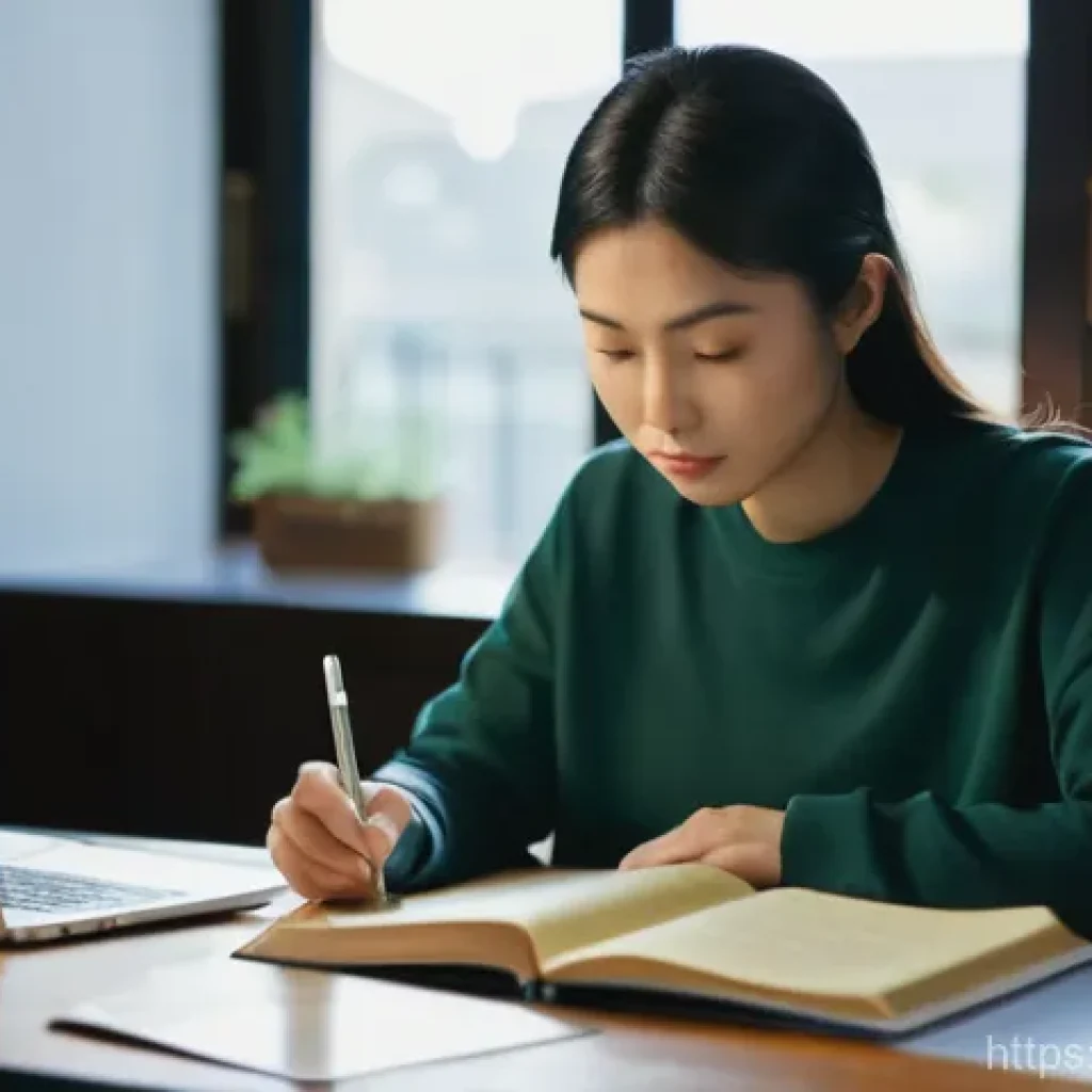 헬스트레이너 해외 취업 준비 - **Prompt:** A determined Japanese woman in her late 20s to early 30s is diligently studying at a sle...