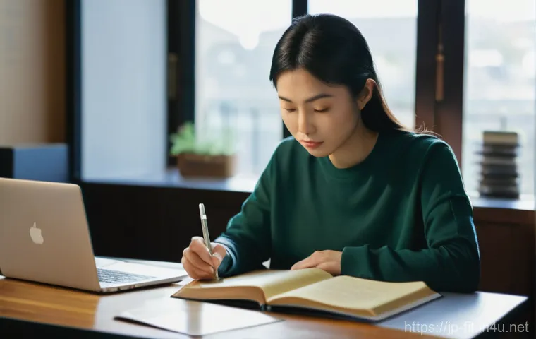 헬스트레이너 해외 취업 준비 - **Prompt:** A determined Japanese woman in her late 20s to early 30s is diligently studying at a sle...