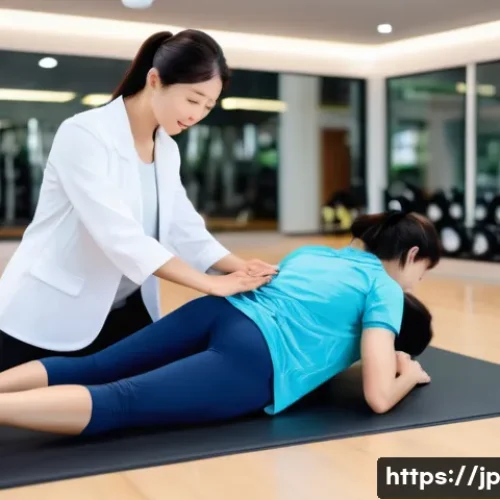 헬스트레이너 보험 설계 - A professional Japanese fitness trainer in modern athletic wear demonstrating a safe stretching rout...