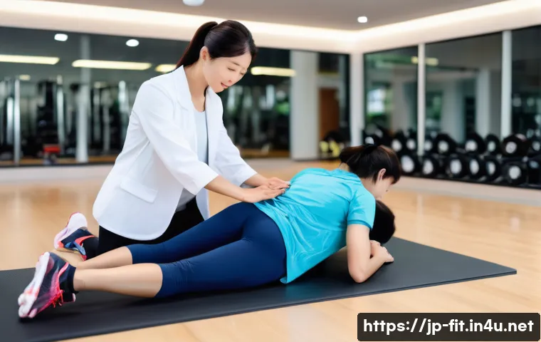 헬스트레이너 보험 설계 - A professional Japanese fitness trainer in modern athletic wear demonstrating a safe stretching rout...