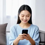 헬스트레이너 앱 활용 사례 - A modern Japanese woman in casual home wear using a sleek smartphone app for health tracking, sittin...