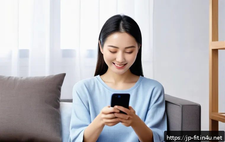 헬스트레이너 앱 활용 사례 - A modern Japanese woman in casual home wear using a sleek smartphone app for health tracking, sittin...