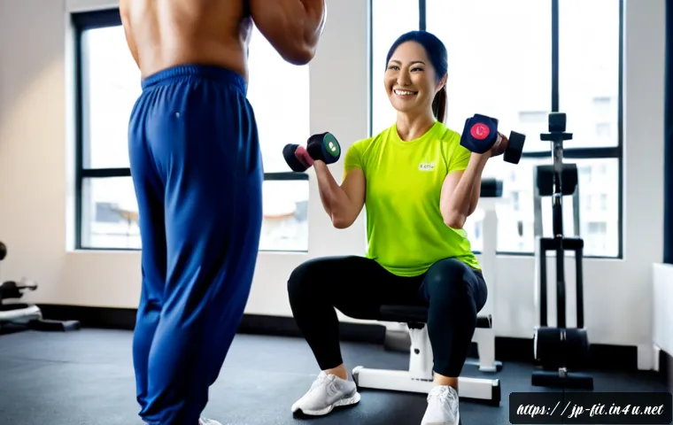 헬스트레이너 몸짱 프로젝트 - Photorealistic Japanese personal trainer guiding a middle-aged client through dumbbell exercises in ...